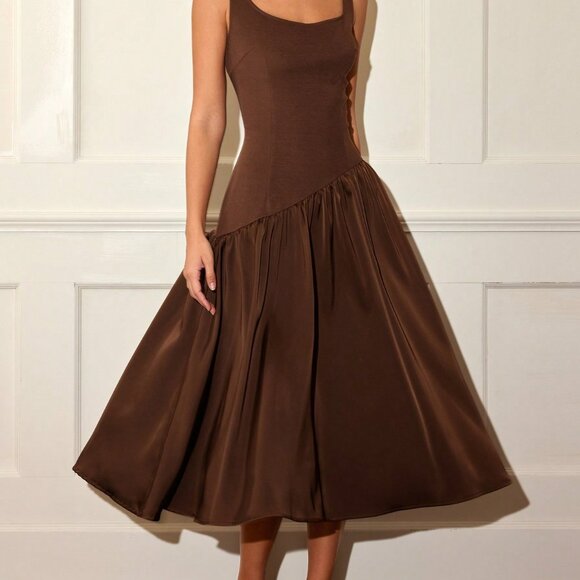 Dresses & Skirts - Coffee Patchwork Women's Elegant Sleeveless Graduation Dress